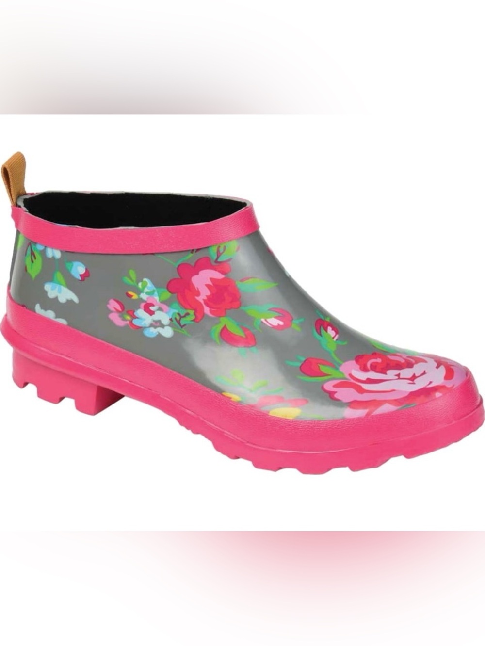 Journee Collection Gray Floral Low Rain Clogs with Pink Trim